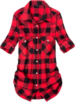 Alimens & Gentle Womens Plaid Flannel Shirts Long Sleeve Roll Up Casual Button Down Shirt