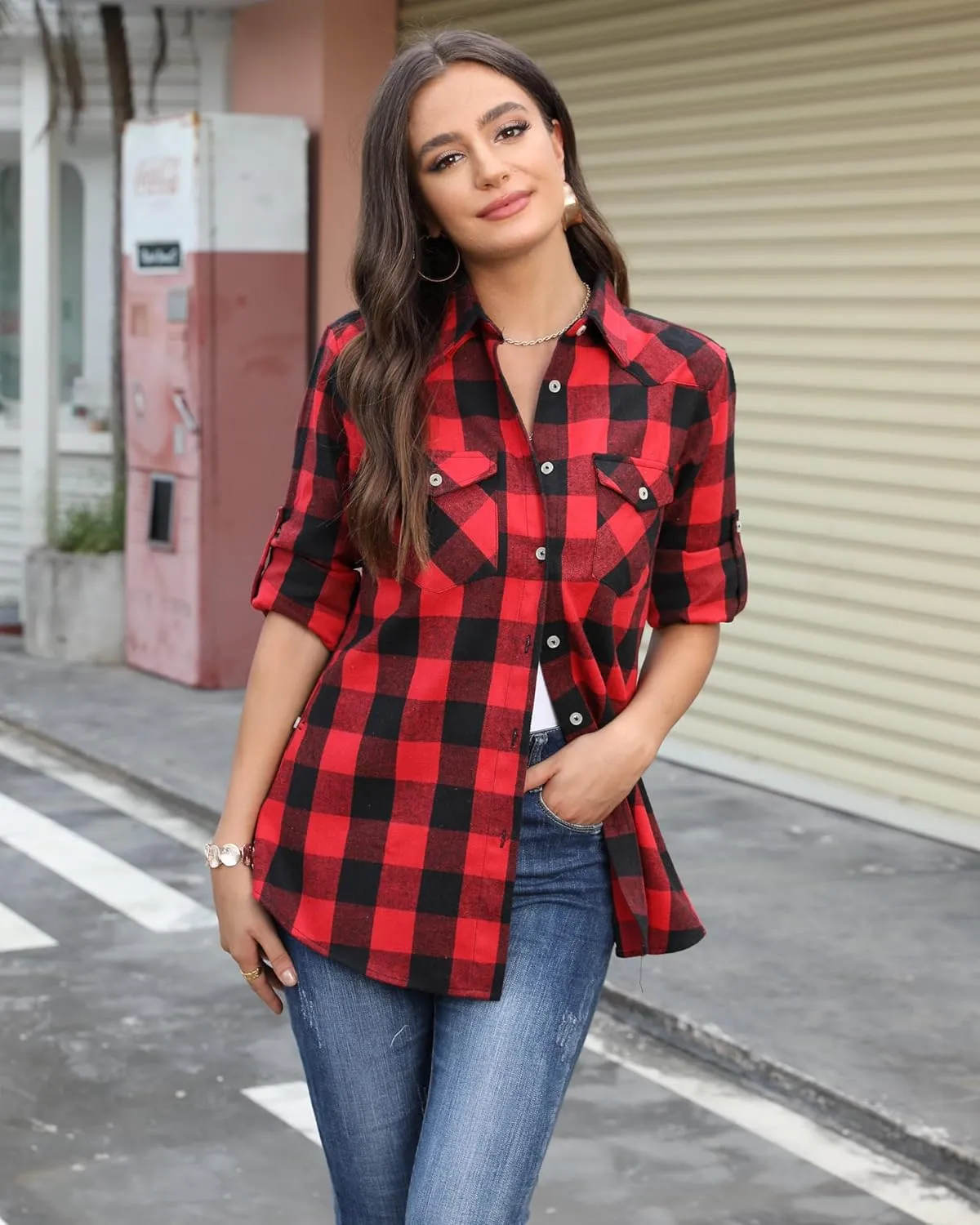 Alimens & Gentle Womens Plaid Flannel Shirts Long Sleeve Roll Up Casual Button Down Shirt