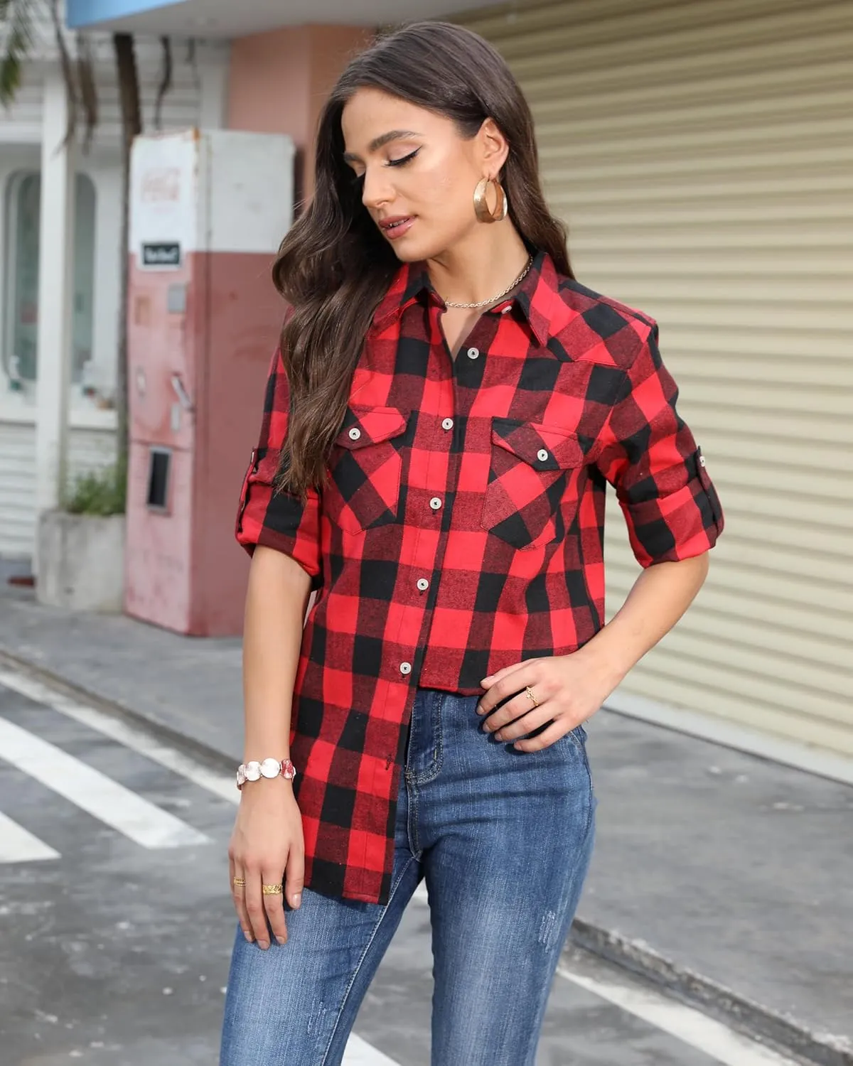 Alimens & Gentle Womens Plaid Flannel Shirts Long Sleeve Roll Up Casual Button Down Shirt