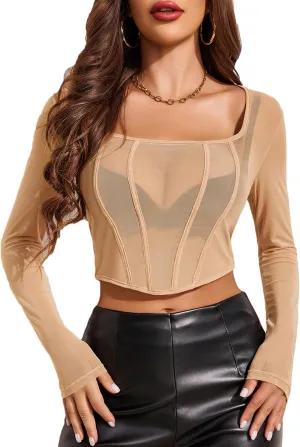 Avidlove Mesh Top Women Long Sleeve Y2K Mesh Shirt Sexy Square Neck Tops Sheer Tops See Through Blouse Shirt