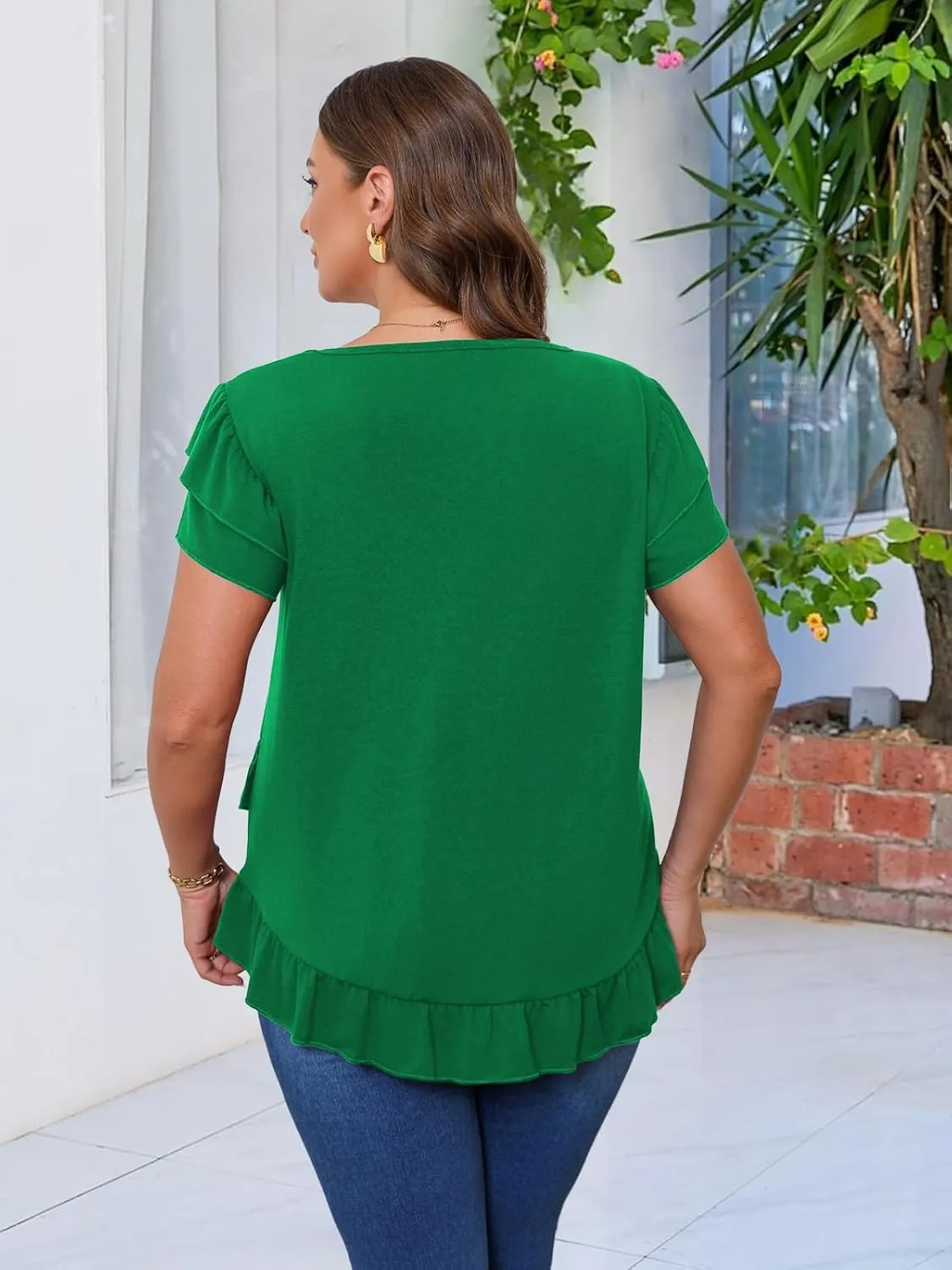 Beauhuty Womens Plus Size Shirts Square Neck Tops Ruffled Hem Tunic Casual Flowy Dressy Blouses Ruffle Short Sleeves Summer