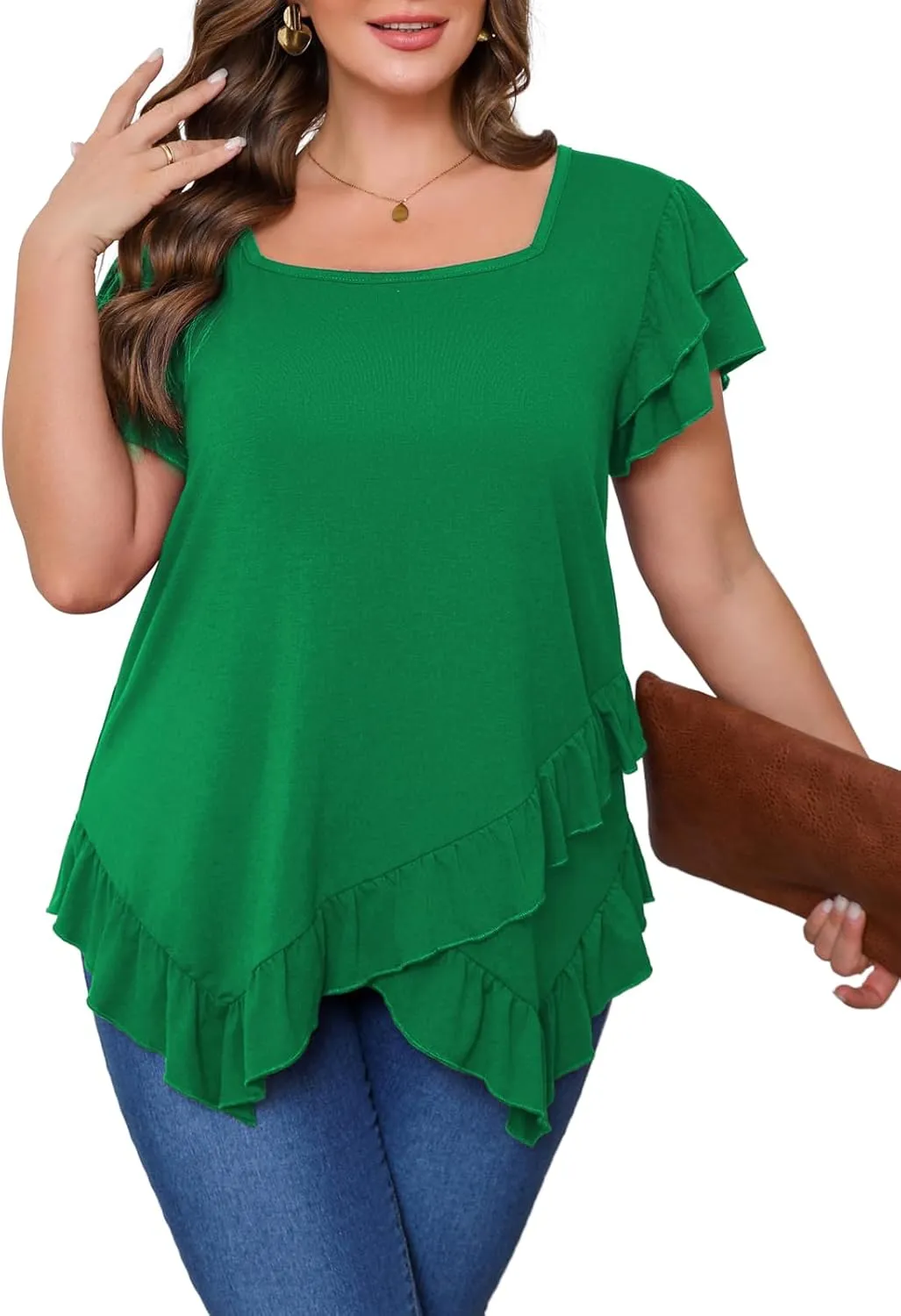 Beauhuty Womens Plus Size Shirts Square Neck Tops Ruffled Hem Tunic Casual Flowy Dressy Blouses Ruffle Short Sleeves Summer