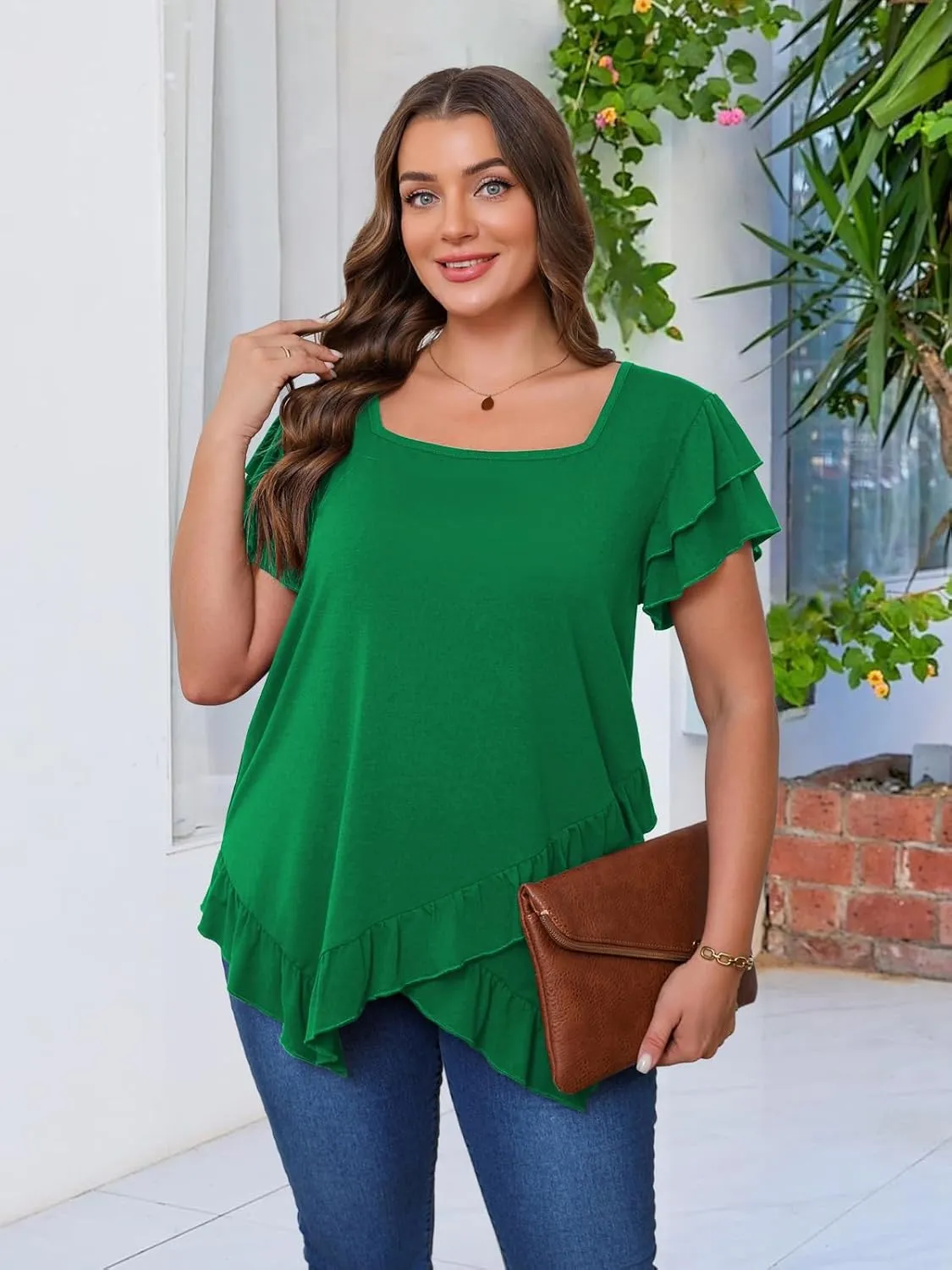 Beauhuty Womens Plus Size Shirts Square Neck Tops Ruffled Hem Tunic Casual Flowy Dressy Blouses Ruffle Short Sleeves Summer