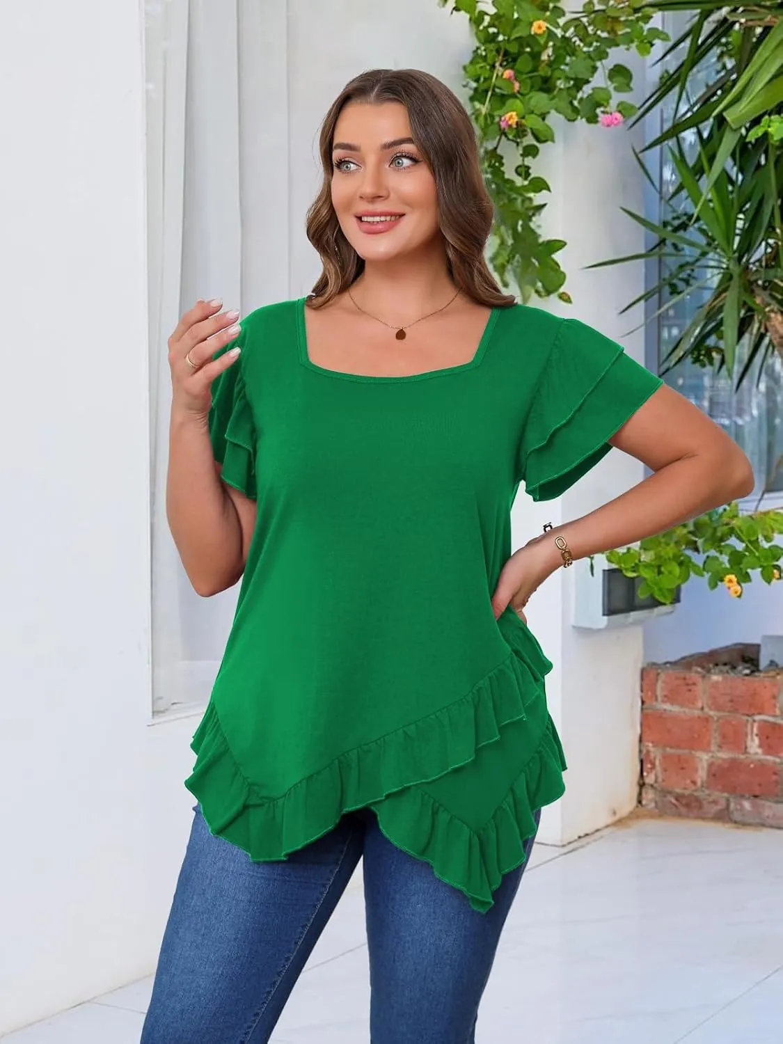 Beauhuty Womens Plus Size Shirts Square Neck Tops Ruffled Hem Tunic Casual Flowy Dressy Blouses Ruffle Short Sleeves Summer