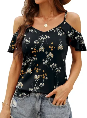 Blingfit Women Summer Cold Shoulder Tops Loose V Neck Short Sleeve Blouses Sexy Casual Ruffle Sleeves Tunic Shirts S-XXL