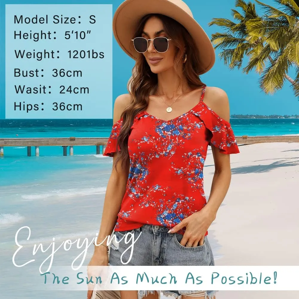 Blingfit Women Summer Cold Shoulder Tops Loose V Neck Short Sleeve Blouses Sexy Casual Ruffle Sleeves Tunic Shirts S-XXL