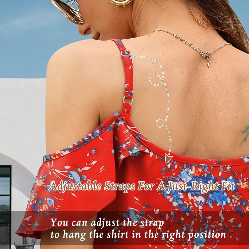 Blingfit Women Summer Cold Shoulder Tops Loose V Neck Short Sleeve Blouses Sexy Casual Ruffle Sleeves Tunic Shirts S-XXL
