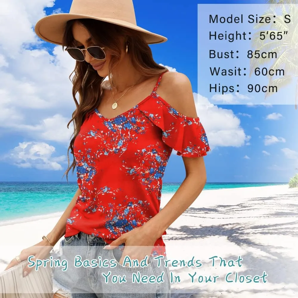 Blingfit Women Summer Cold Shoulder Tops Loose V Neck Short Sleeve Blouses Sexy Casual Ruffle Sleeves Tunic Shirts S-XXL