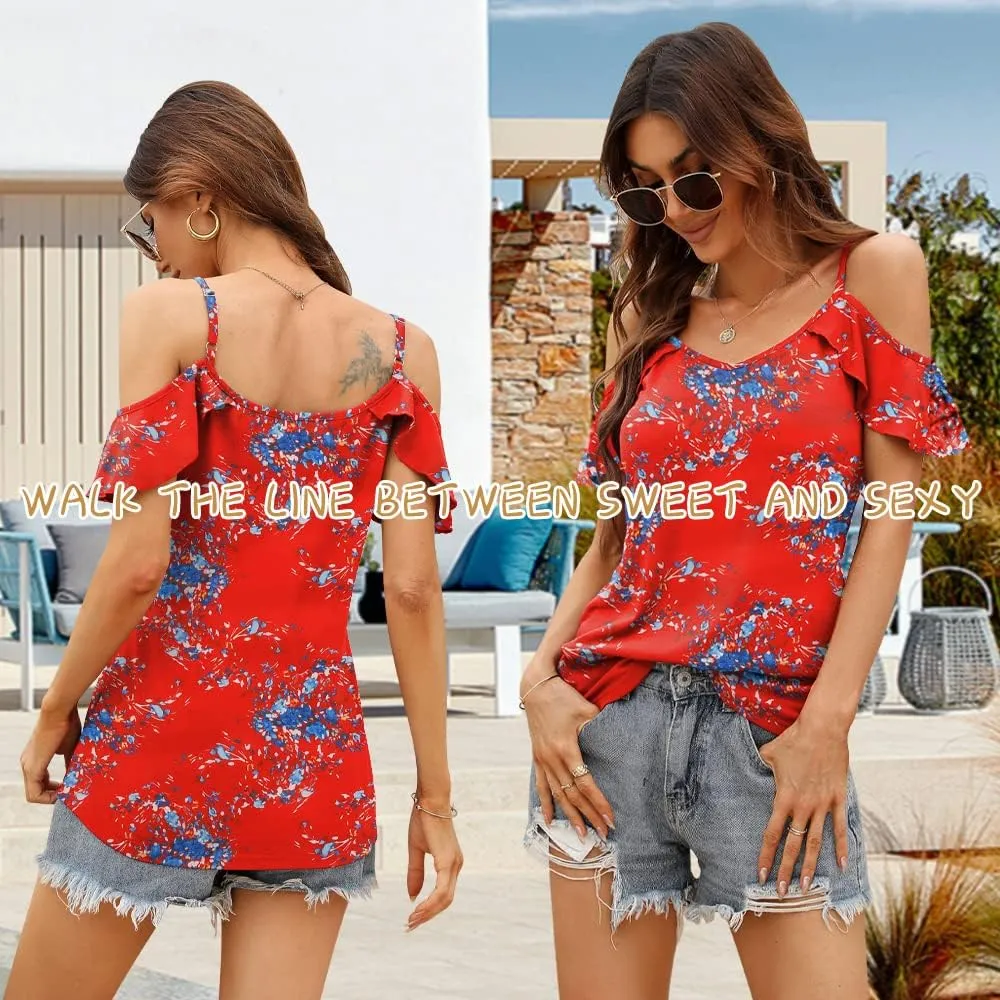 Blingfit Women Summer Cold Shoulder Tops Loose V Neck Short Sleeve Blouses Sexy Casual Ruffle Sleeves Tunic Shirts S-XXL