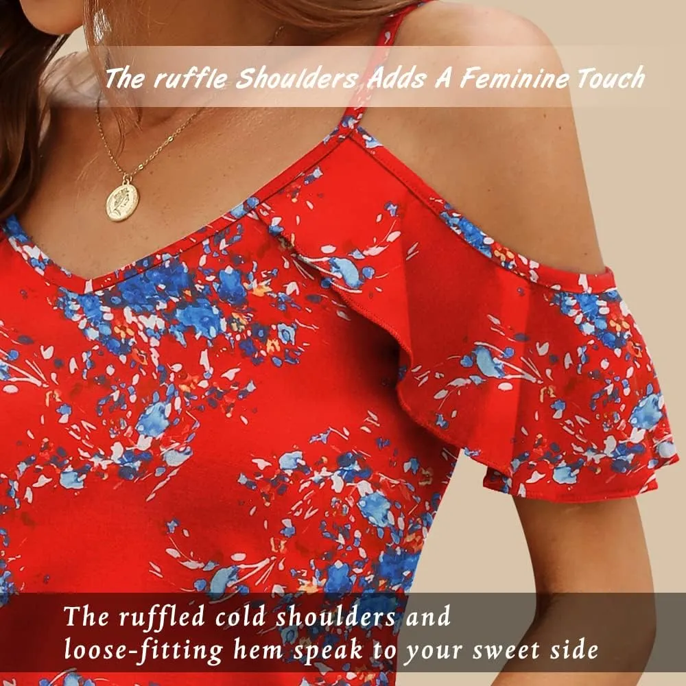 Blingfit Women Summer Cold Shoulder Tops Loose V Neck Short Sleeve Blouses Sexy Casual Ruffle Sleeves Tunic Shirts S-XXL