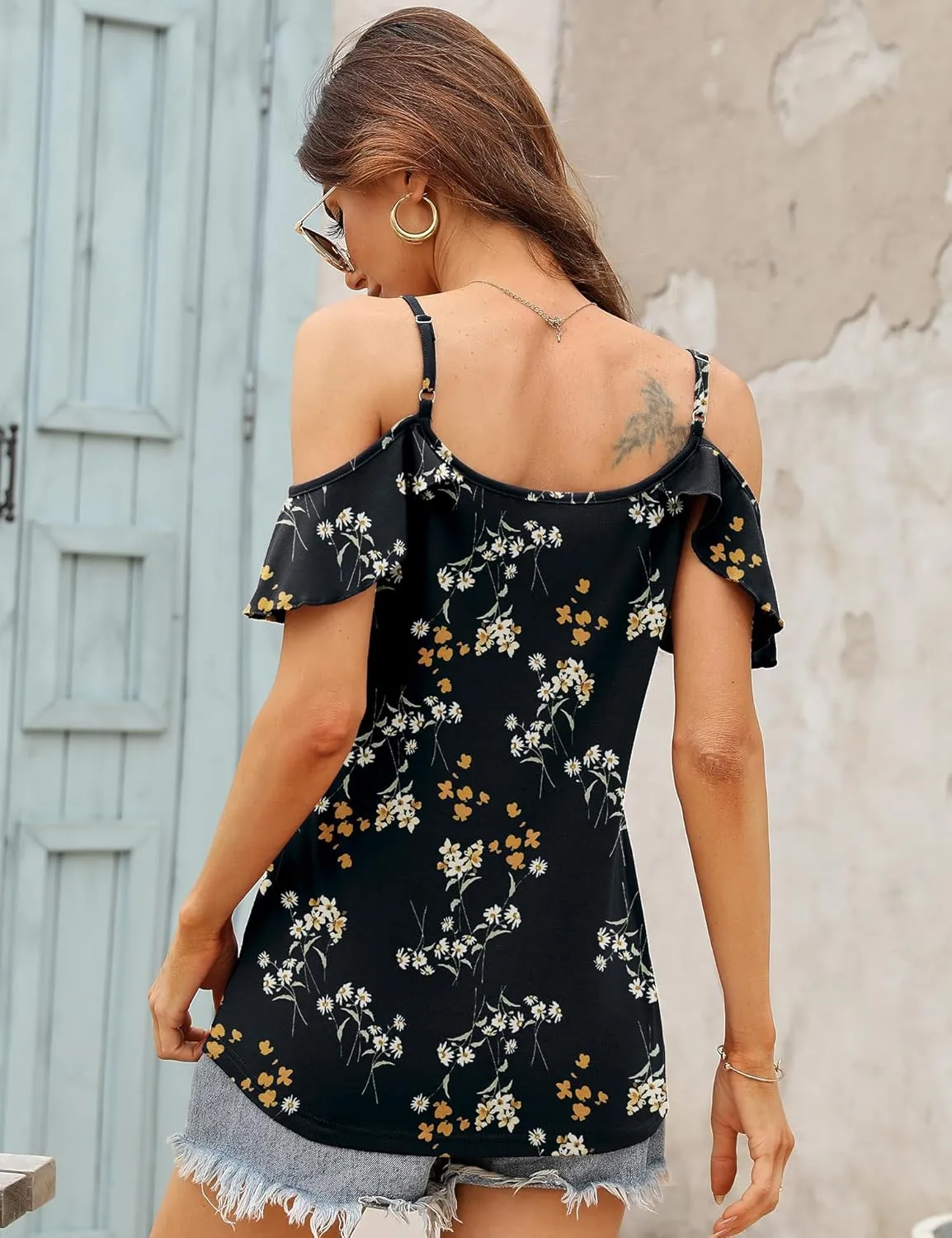 Blingfit Women Summer Cold Shoulder Tops Loose V Neck Short Sleeve Blouses Sexy Casual Ruffle Sleeves Tunic Shirts S-XXL