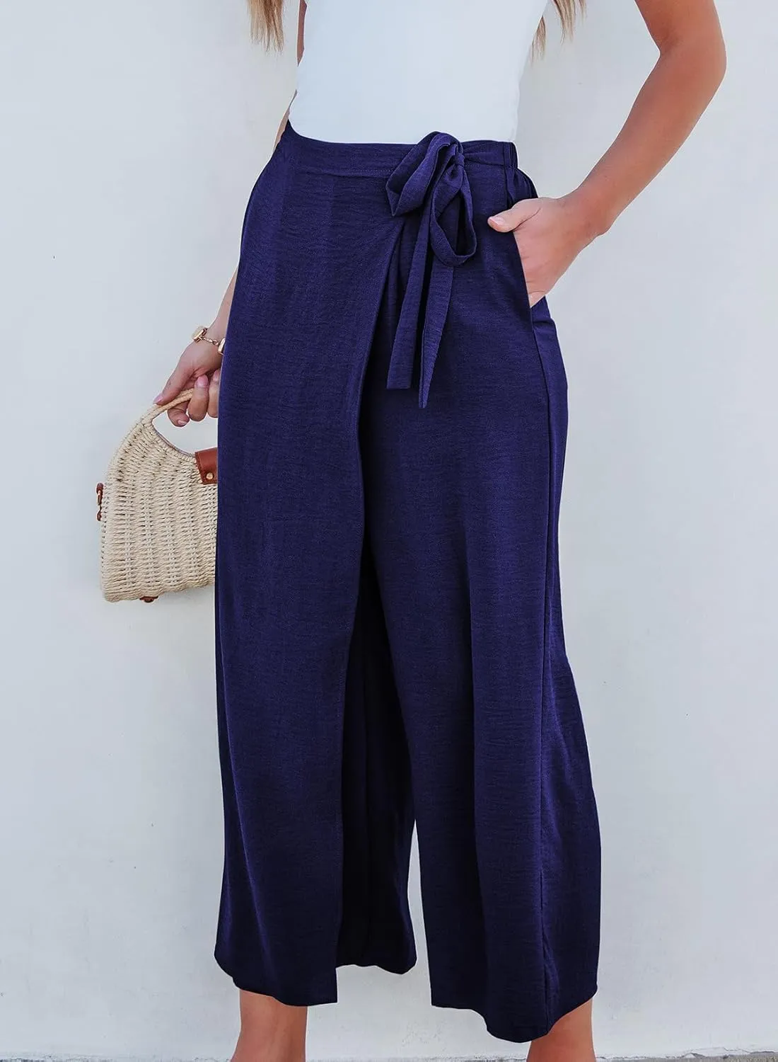 EVALESS Women's Wide Leg Palazzo Pants Work Casual Trousers Summer Elastic High Waisted Cute Side Tie Culottes with Pockets
