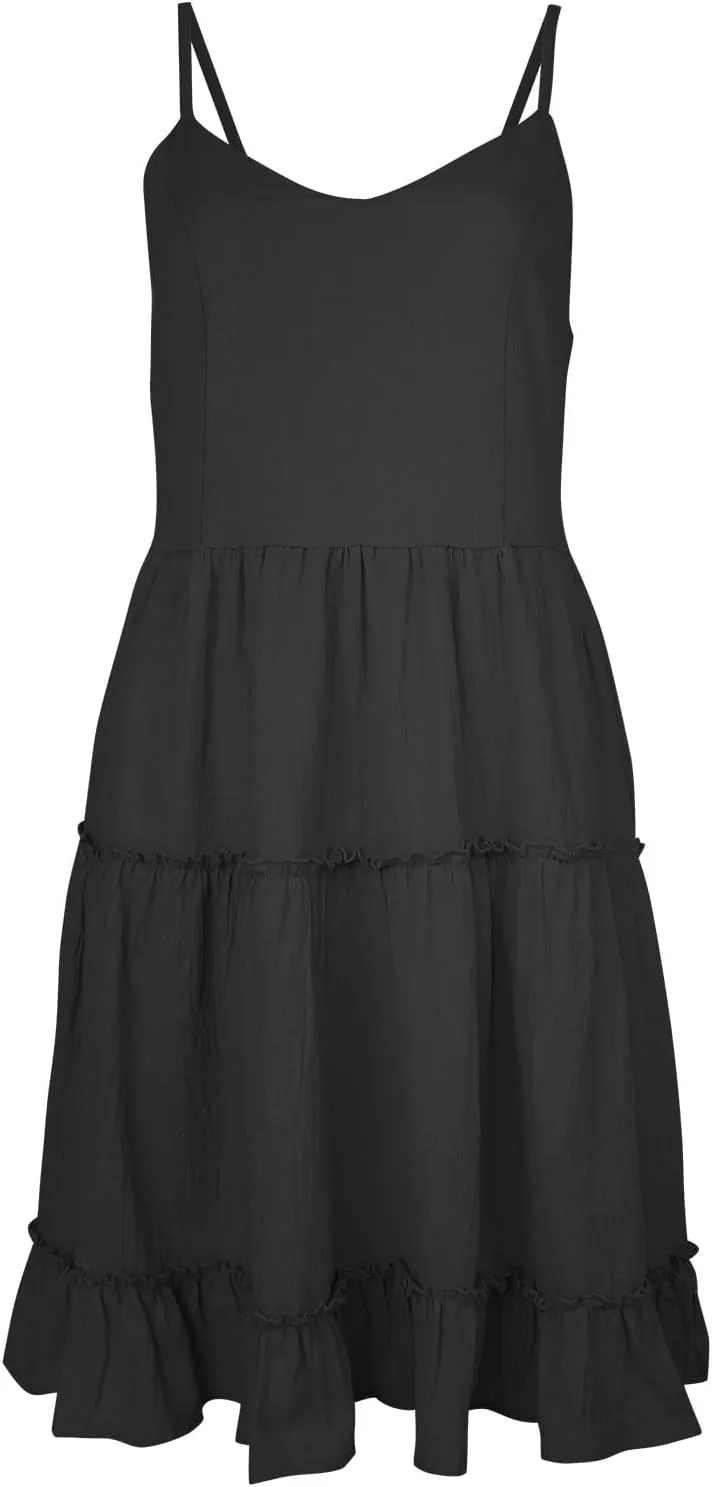 FANCYINN Women Floral Casual Tiered Mini Dresses Spaghetti Strap V Neck Backless A Line Swing Short Dress with Pockets