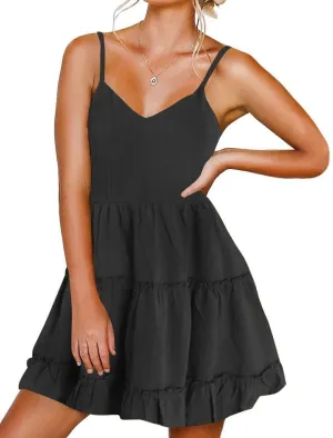 FANCYINN Women Floral Casual Tiered Mini Dresses Spaghetti Strap V Neck Backless A Line Swing Short Dress with Pockets