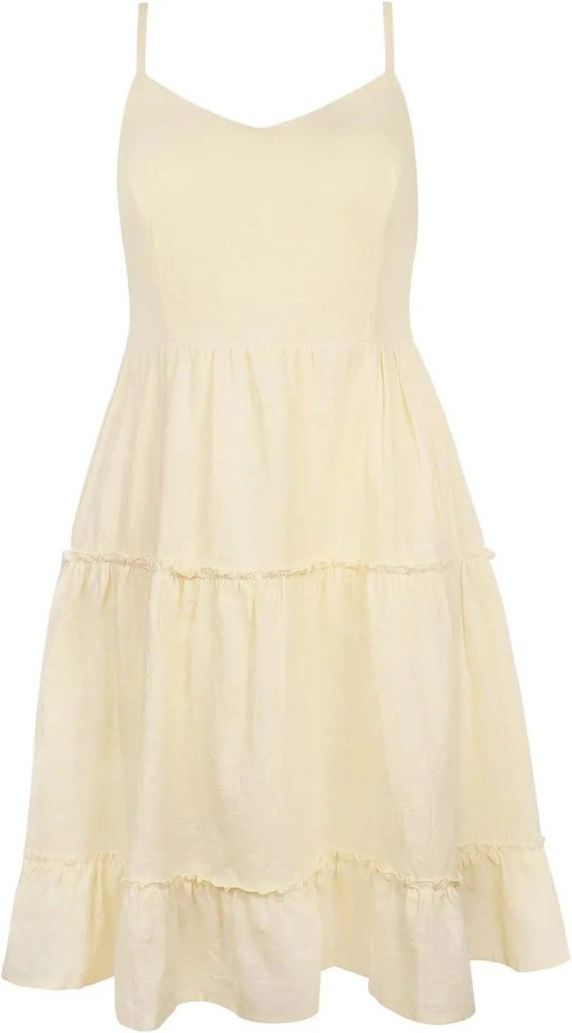 FANCYINN Women Floral Casual Tiered Mini Dresses Spaghetti Strap V Neck Backless A Line Swing Short Dress with Pockets