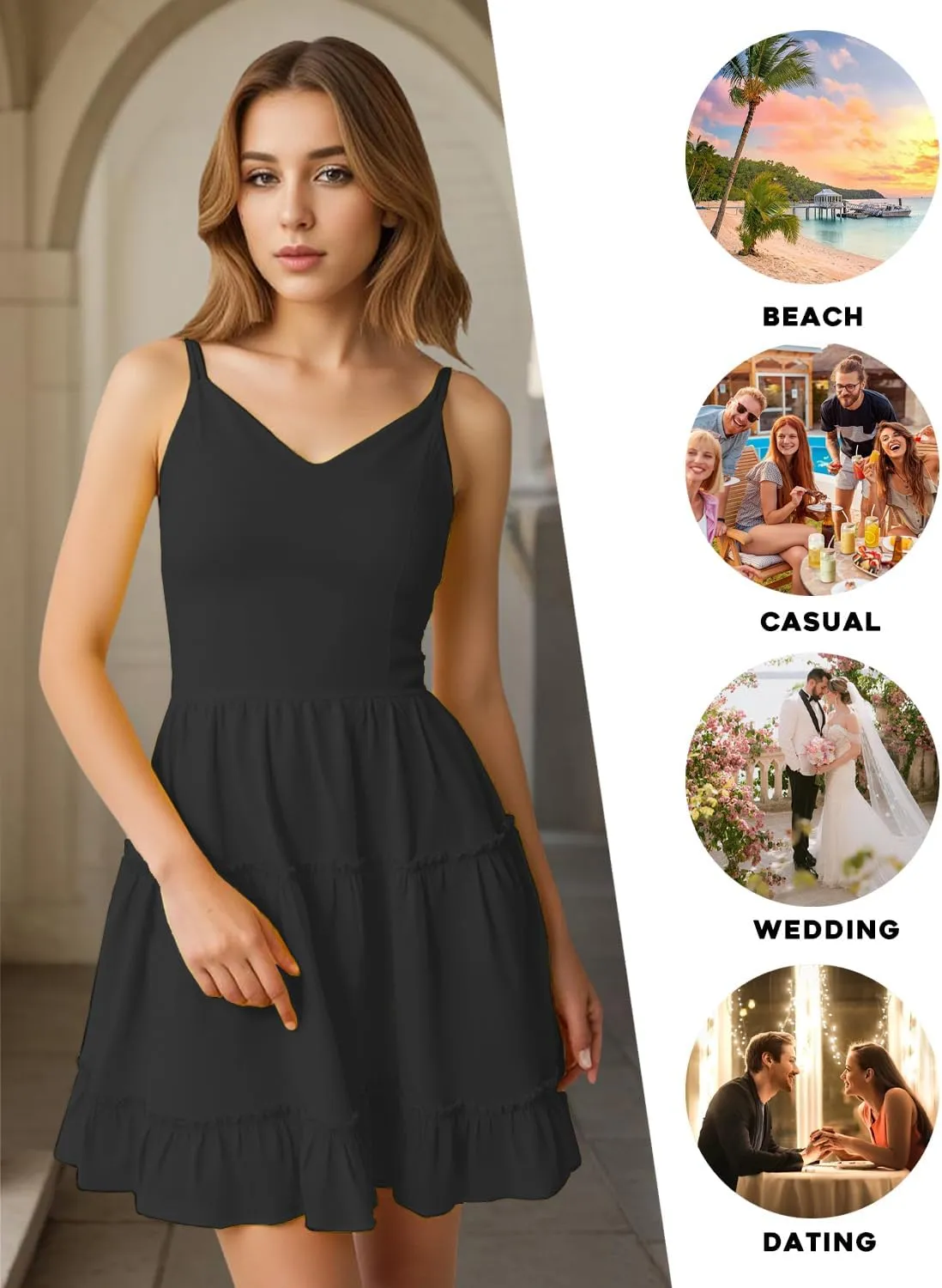 FANCYINN Women Floral Casual Tiered Mini Dresses Spaghetti Strap V Neck Backless A Line Swing Short Dress with Pockets