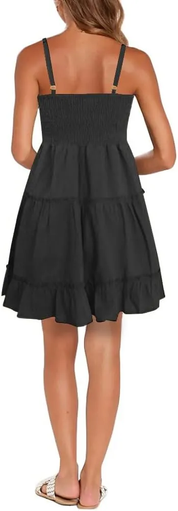 FANCYINN Women Floral Casual Tiered Mini Dresses Spaghetti Strap V Neck Backless A Line Swing Short Dress with Pockets