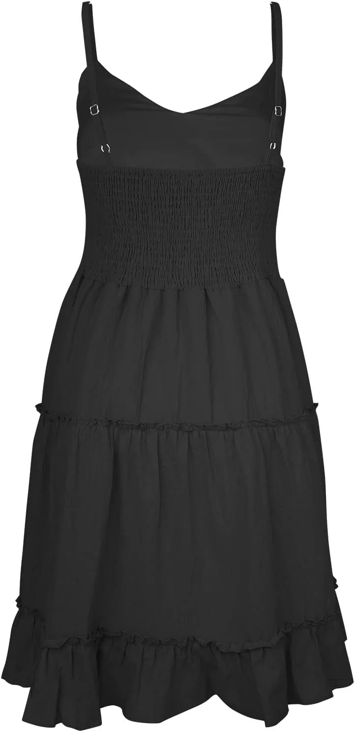 FANCYINN Women Floral Casual Tiered Mini Dresses Spaghetti Strap V Neck Backless A Line Swing Short Dress with Pockets