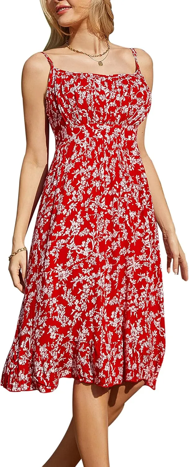GRACE KARIN Women's Spaghetti Strap Floral Dress Ruffle Hem Pleated Casual Summer Dress Boho Flowy Midi Beach Dress