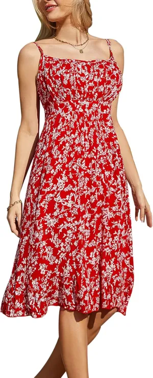 GRACE KARIN Women's Spaghetti Strap Floral Dress Ruffle Hem Pleated Casual Summer Dress Boho Flowy Midi Beach Dress