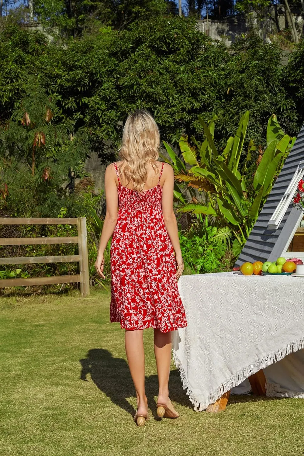 GRACE KARIN Women's Spaghetti Strap Floral Dress Ruffle Hem Pleated Casual Summer Dress Boho Flowy Midi Beach Dress