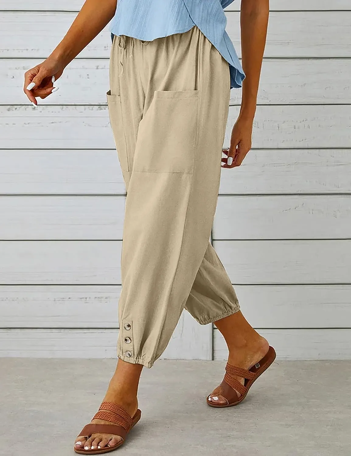 HangNiFang Cotton Linen Capri Pants for Women High Elastic Waisted Drawstring Cropped Pants with Pockets