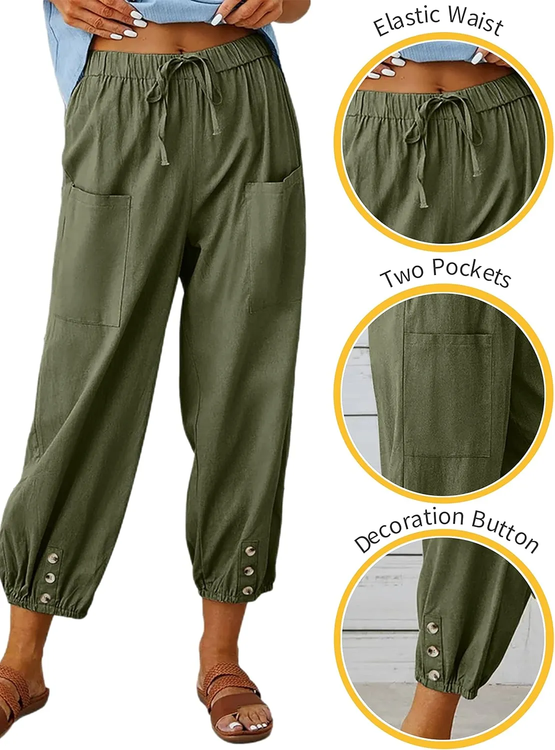HangNiFang Cotton Linen Capri Pants for Women High Elastic Waisted Drawstring Cropped Pants with Pockets