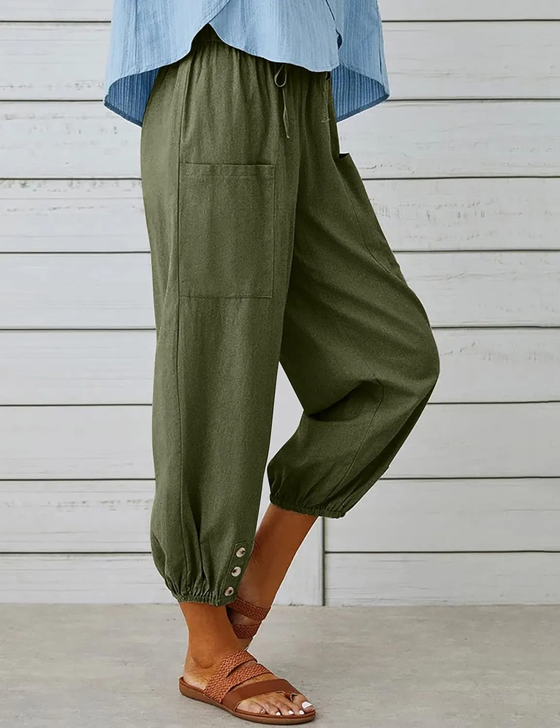 HangNiFang Cotton Linen Capri Pants for Women High Elastic Waisted Drawstring Cropped Pants with Pockets