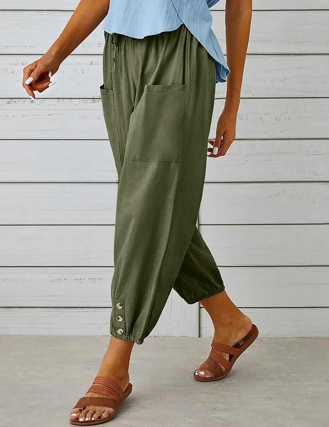 HangNiFang Cotton Linen Capri Pants for Women High Elastic Waisted Drawstring Cropped Pants with Pockets