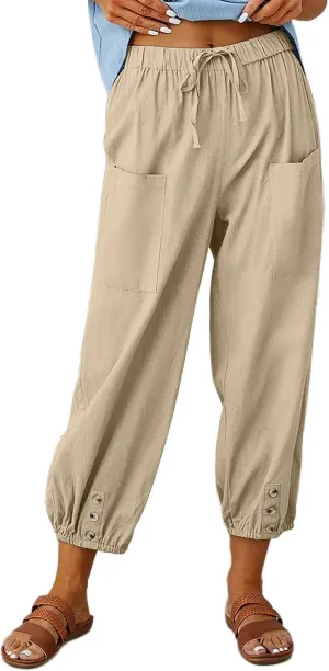 HangNiFang Cotton Linen Capri Pants for Women High Elastic Waisted Drawstring Cropped Pants with Pockets