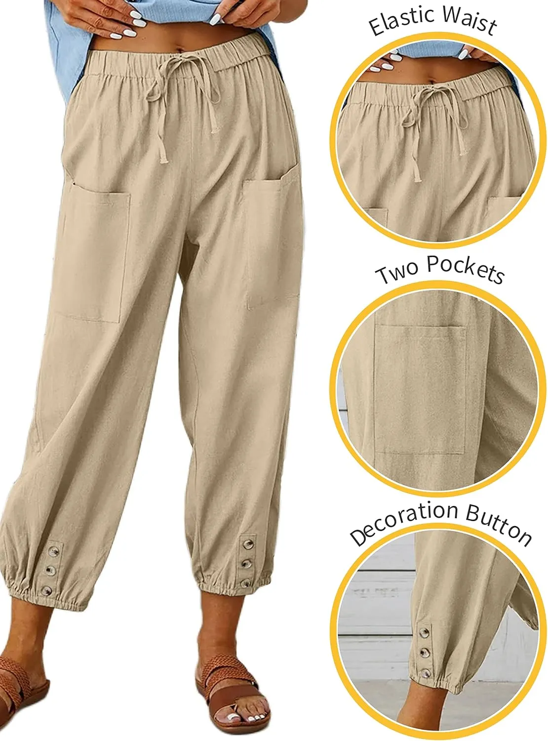 HangNiFang Cotton Linen Capri Pants for Women High Elastic Waisted Drawstring Cropped Pants with Pockets