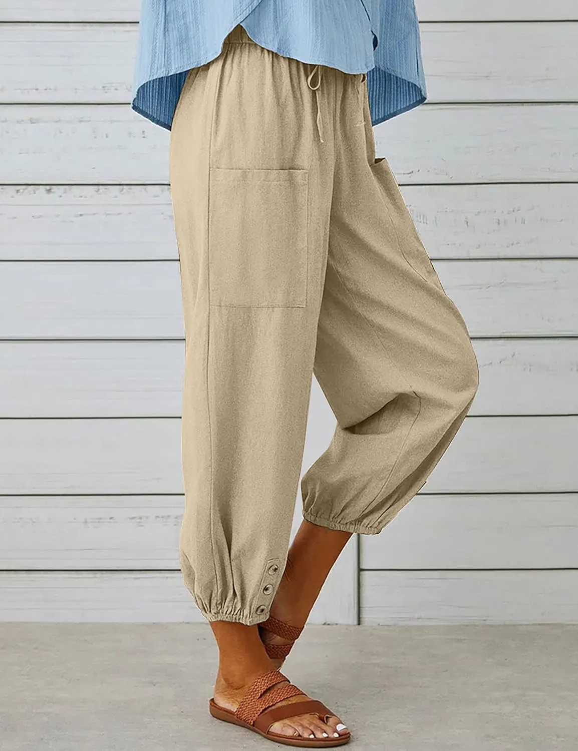 HangNiFang Cotton Linen Capri Pants for Women High Elastic Waisted Drawstring Cropped Pants with Pockets