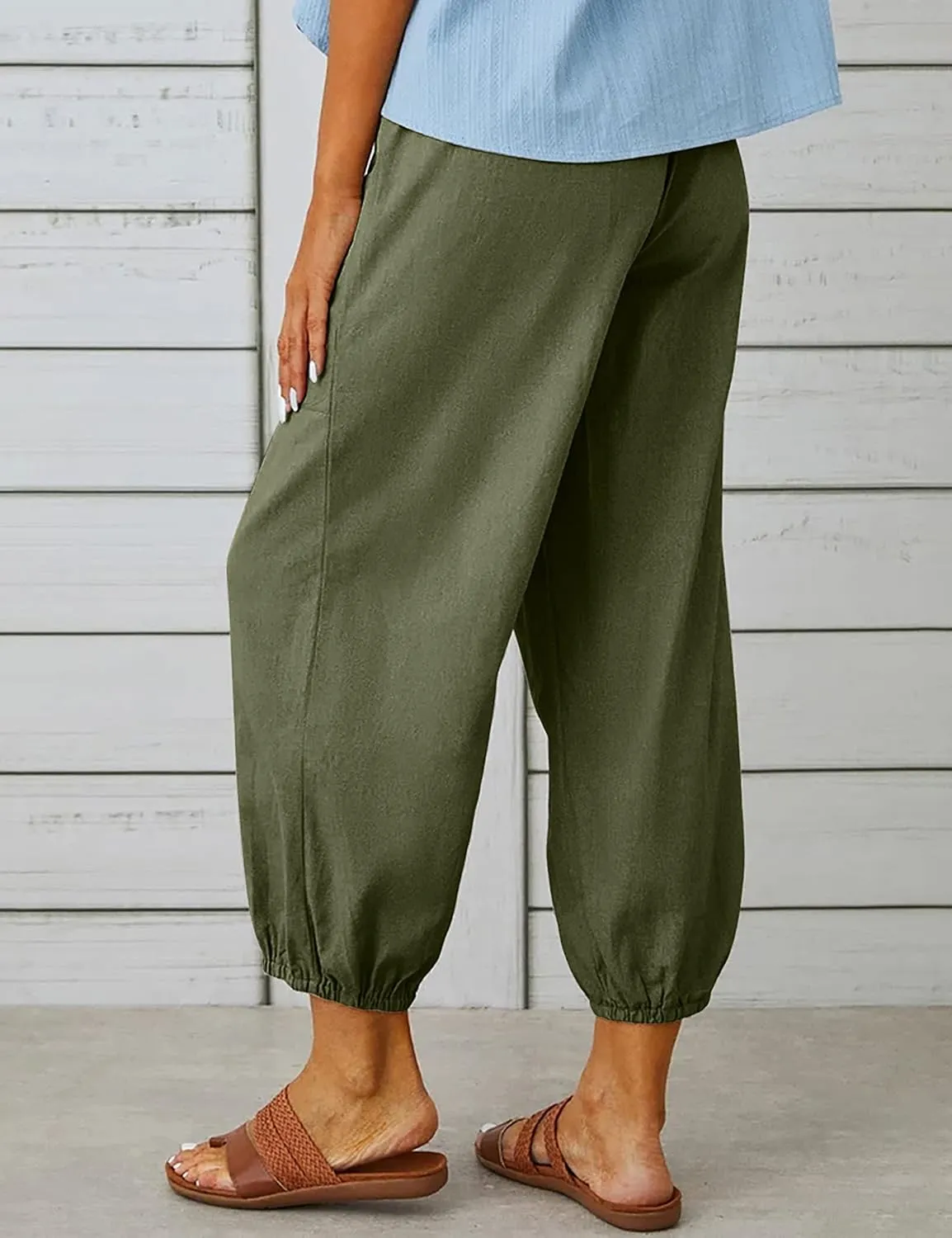HangNiFang Cotton Linen Capri Pants for Women High Elastic Waisted Drawstring Cropped Pants with Pockets