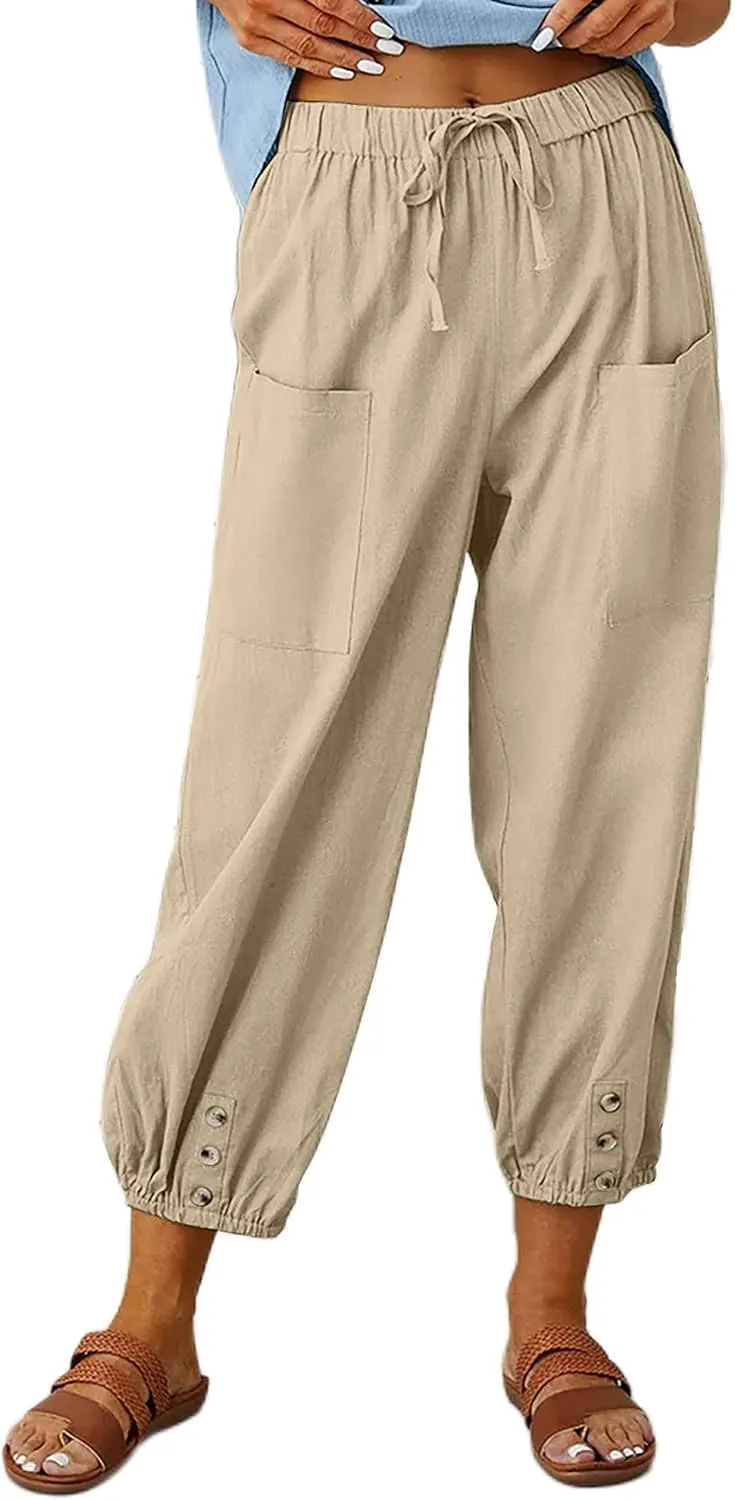 HangNiFang Cotton Linen Capri Pants for Women High Elastic Waisted Drawstring Cropped Pants with Pockets