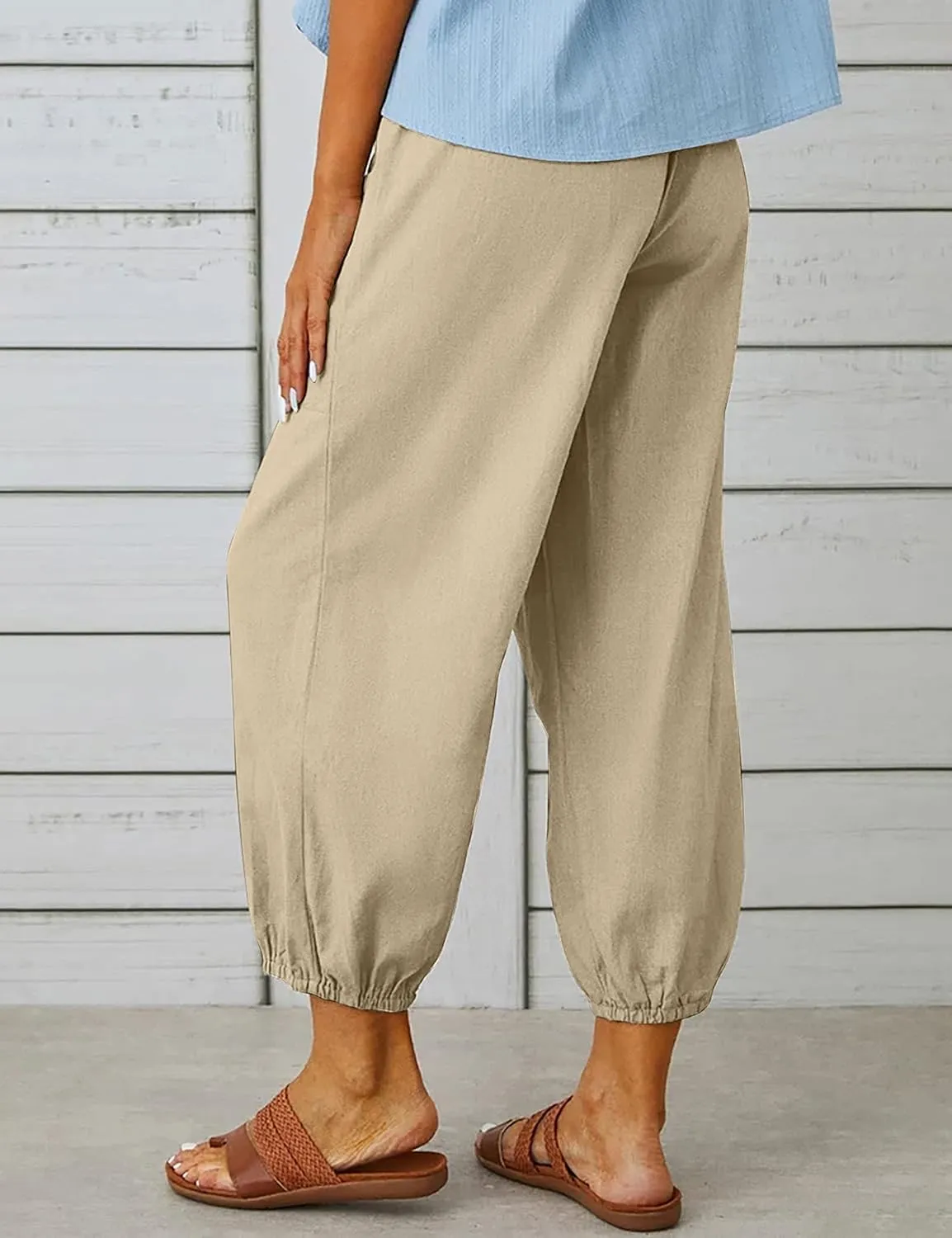 HangNiFang Cotton Linen Capri Pants for Women High Elastic Waisted Drawstring Cropped Pants with Pockets