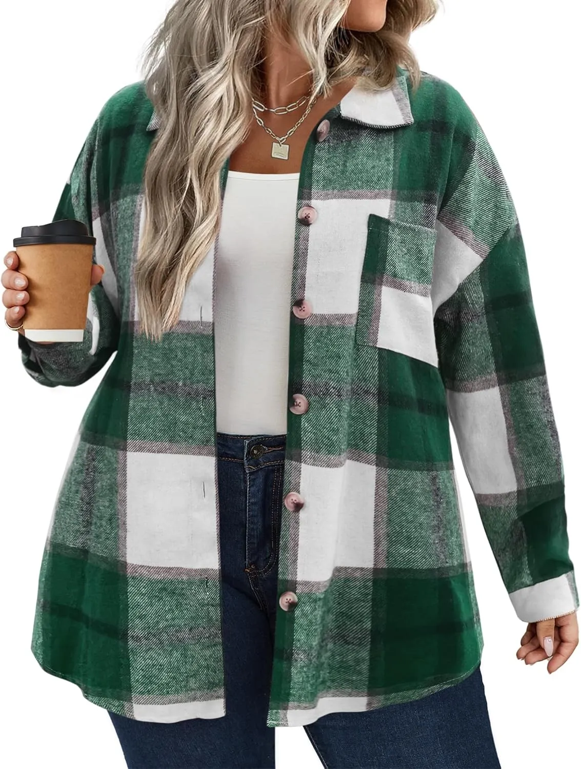 IN'VOLAND Women's Plus Size Plaid Shacket Long Sleeve Button Down Flannel Shirts Casual Jacket Coats