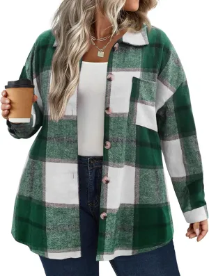 IN'VOLAND Women's Plus Size Plaid Shacket Long Sleeve Button Down Flannel Shirts Casual Jacket Coats
