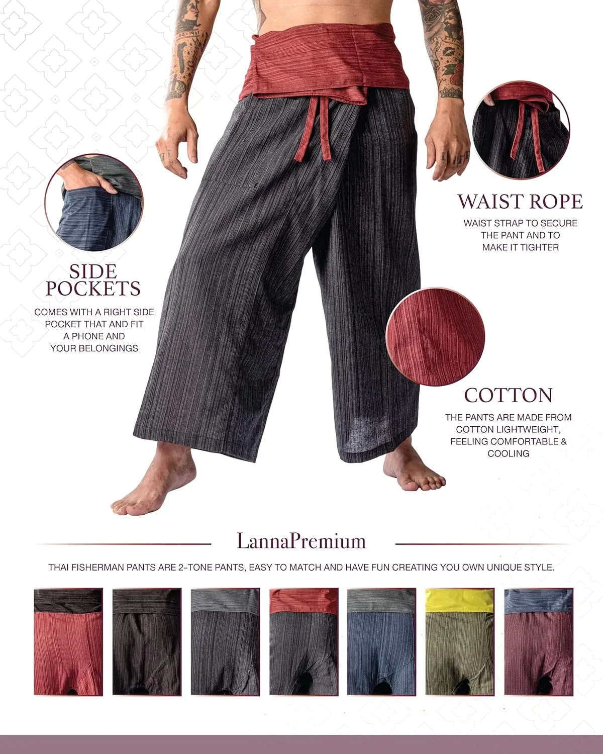 LannaPremium Thai Fisherman Pants Hakuma Pants for Men Women Yoga Pants 2 Tone - Martial Arts Pants