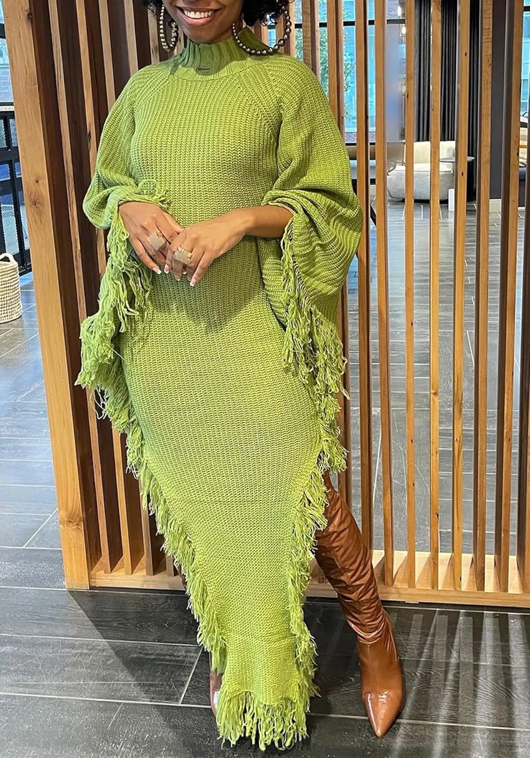 LETSVDO Women's Fringe Sweater Dress Long Sleeve Bodycon Batwing Knit Mock Neck Slit High Low Party Maxi Dresses