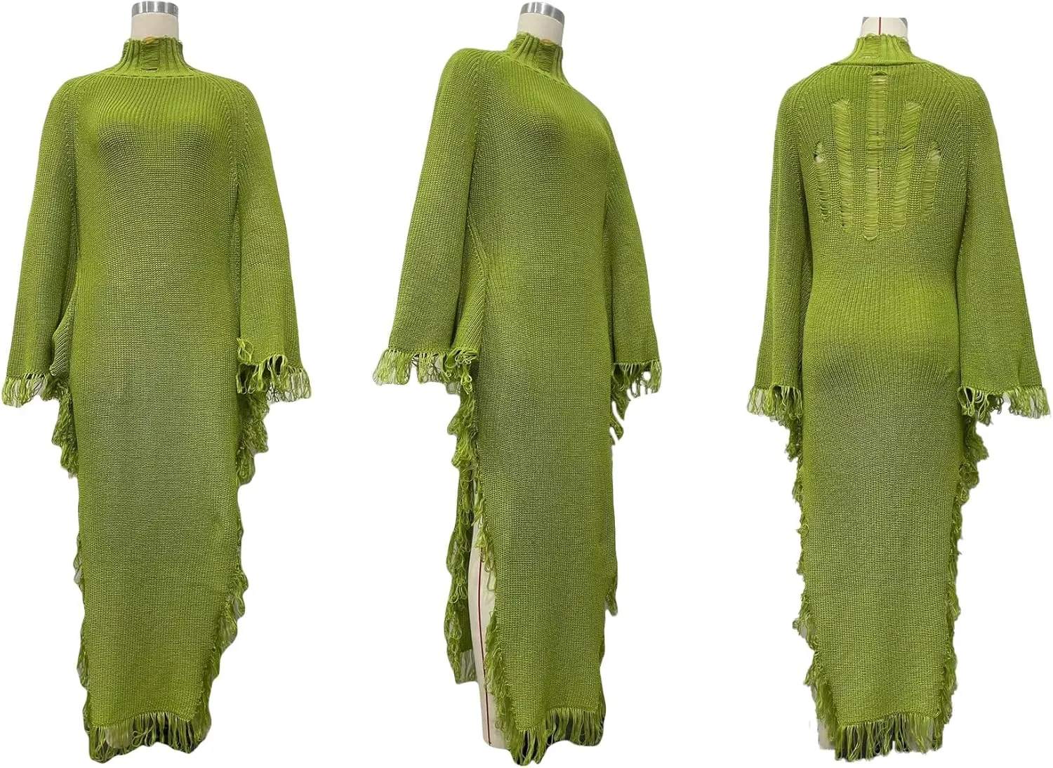 LETSVDO Women's Fringe Sweater Dress Long Sleeve Bodycon Batwing Knit Mock Neck Slit High Low Party Maxi Dresses