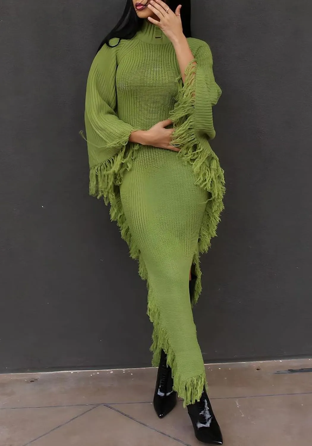 LETSVDO Women's Fringe Sweater Dress Long Sleeve Bodycon Batwing Knit Mock Neck Slit High Low Party Maxi Dresses