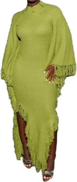 LETSVDO Women's Fringe Sweater Dress Long Sleeve Bodycon Batwing Knit Mock Neck Slit High Low Party Maxi Dresses
