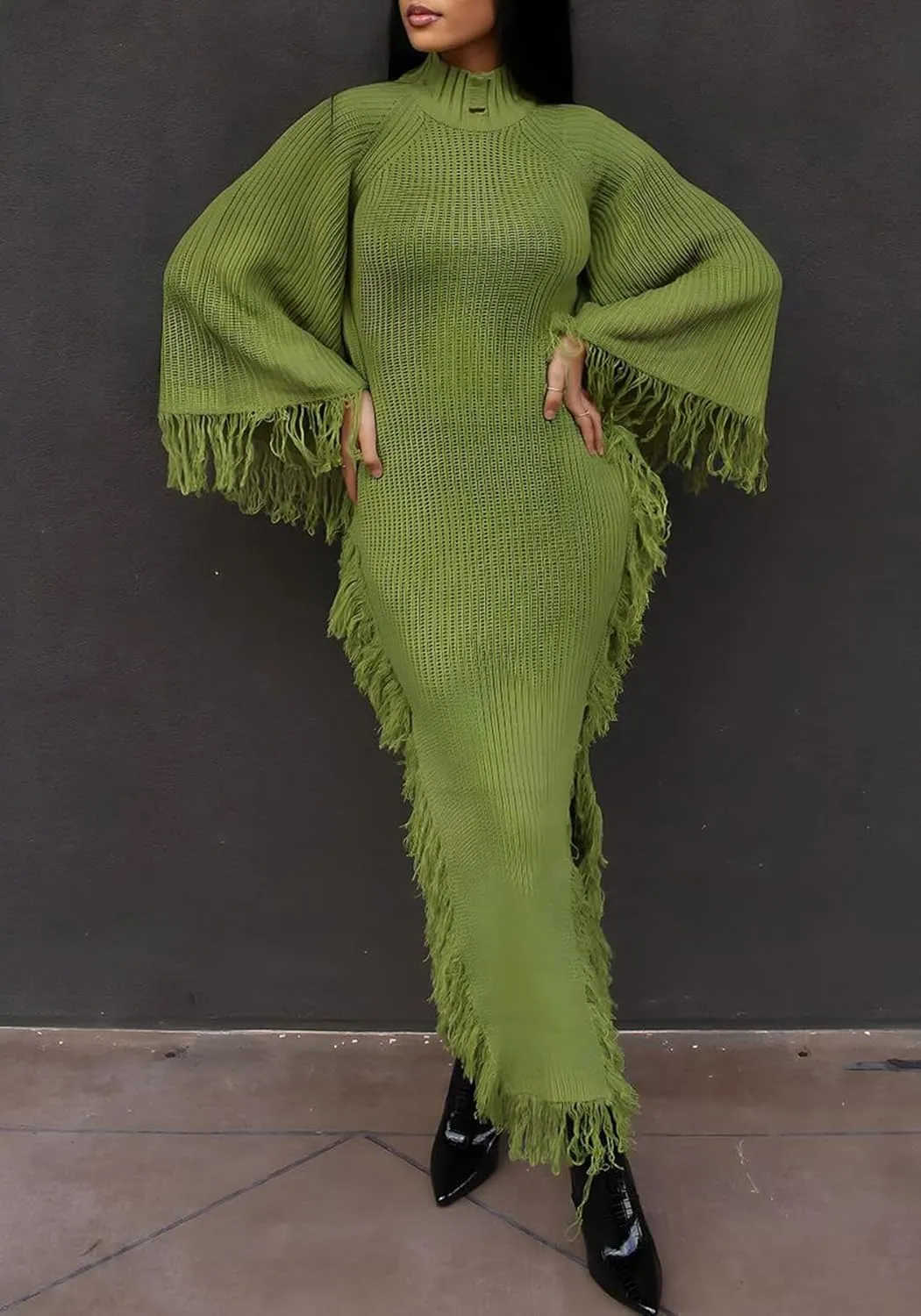 LETSVDO Women's Fringe Sweater Dress Long Sleeve Bodycon Batwing Knit Mock Neck Slit High Low Party Maxi Dresses