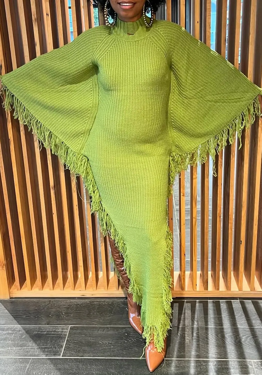 LETSVDO Women's Fringe Sweater Dress Long Sleeve Bodycon Batwing Knit Mock Neck Slit High Low Party Maxi Dresses