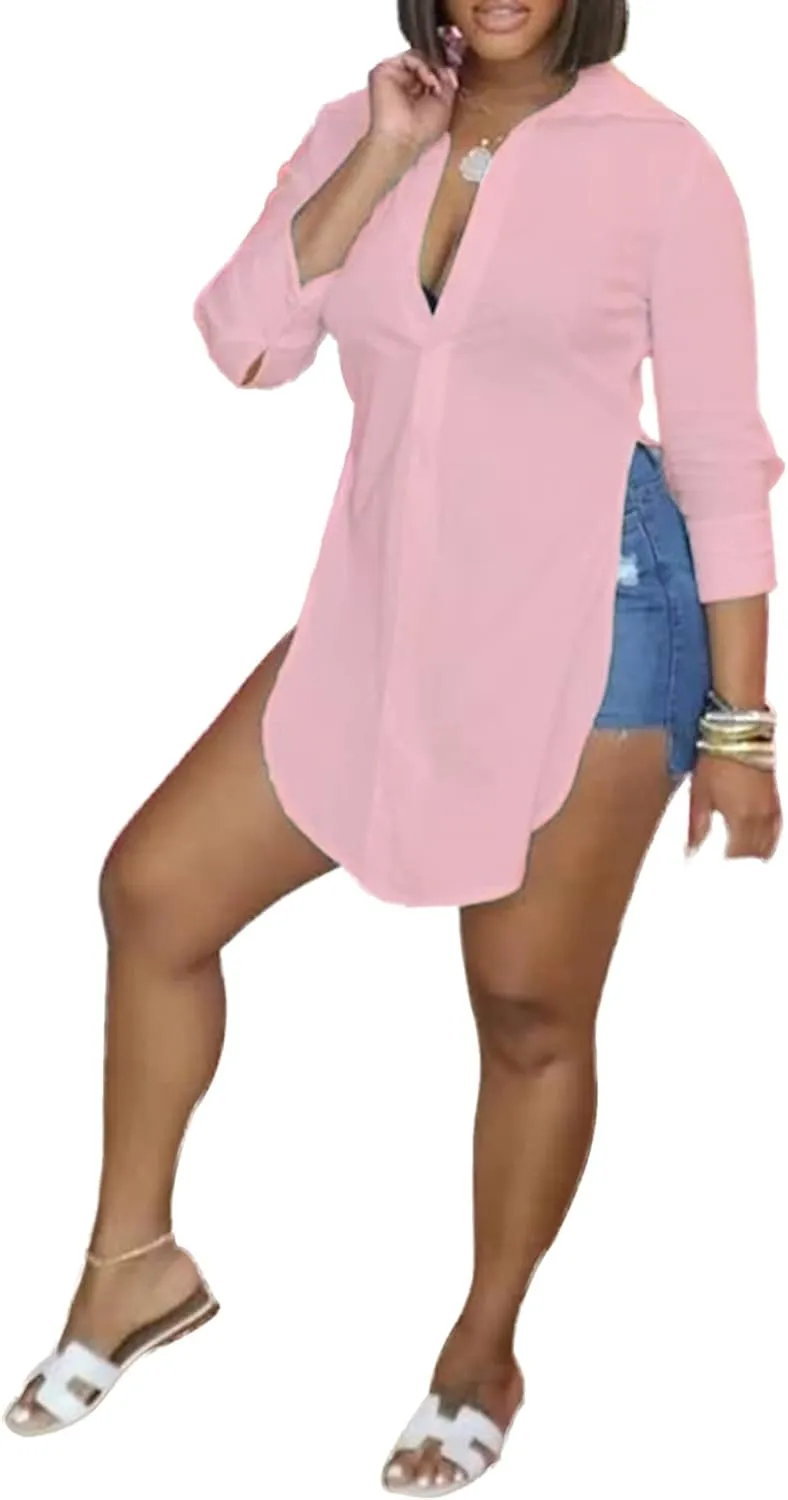 LYANER Women's Collar V Neck Button Front Long Sleeve Slit Hem Long Shirt Blouse Top