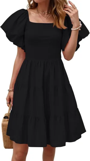 Maxi Dresses for Women Women's Smocked Vacation Dress Short Puff Sleeve Twist Knot Cutout Flowy A Line Beach Party Dresses