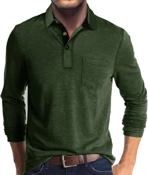 Men's Long Sleeve Polo Shirts Casual Button Classic Work Shirt Cotton Collared Basic Golf Shirt with Pocket