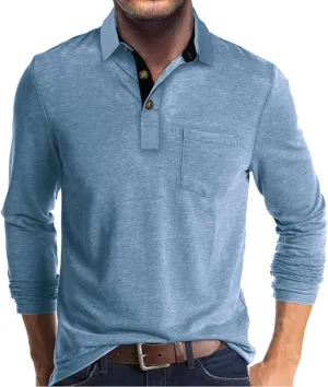 Men's Long Sleeve Polo Shirts Casual Button Classic Work Shirt Cotton Collared Basic Golf Shirt with Pocket