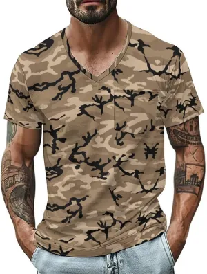 Mens V Neck Short Sleeve Camo Shirts Military Camouflage Performance Athletic T-Shirt Quick-Drying Casual Hunting Tee