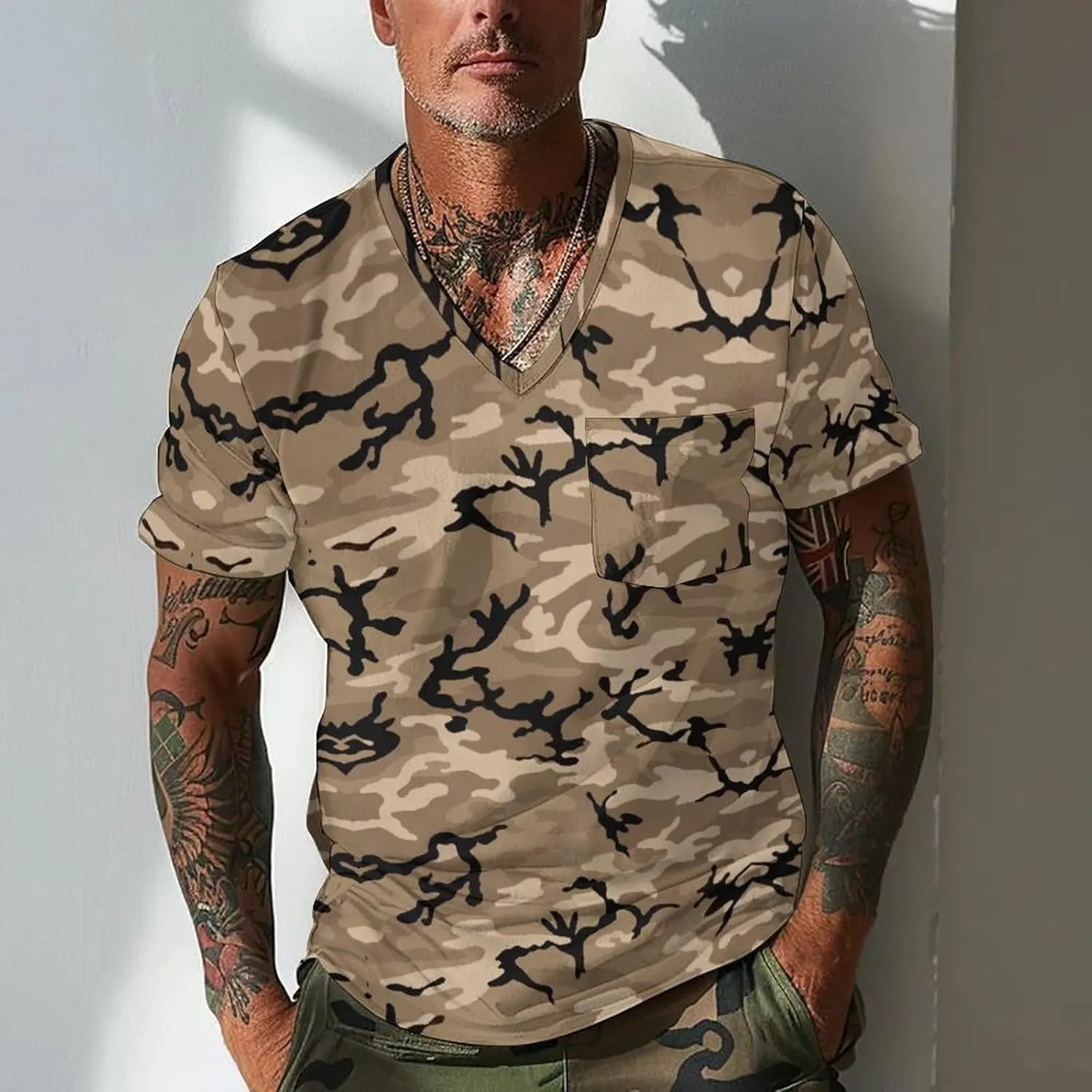 Mens V Neck Short Sleeve Camo Shirts Military Camouflage Performance Athletic T-Shirt Quick-Drying Casual Hunting Tee